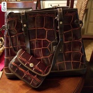 Dooney & Bourke Brown Croc-Embossed Leather Shoulder Bag with Tan Detailing